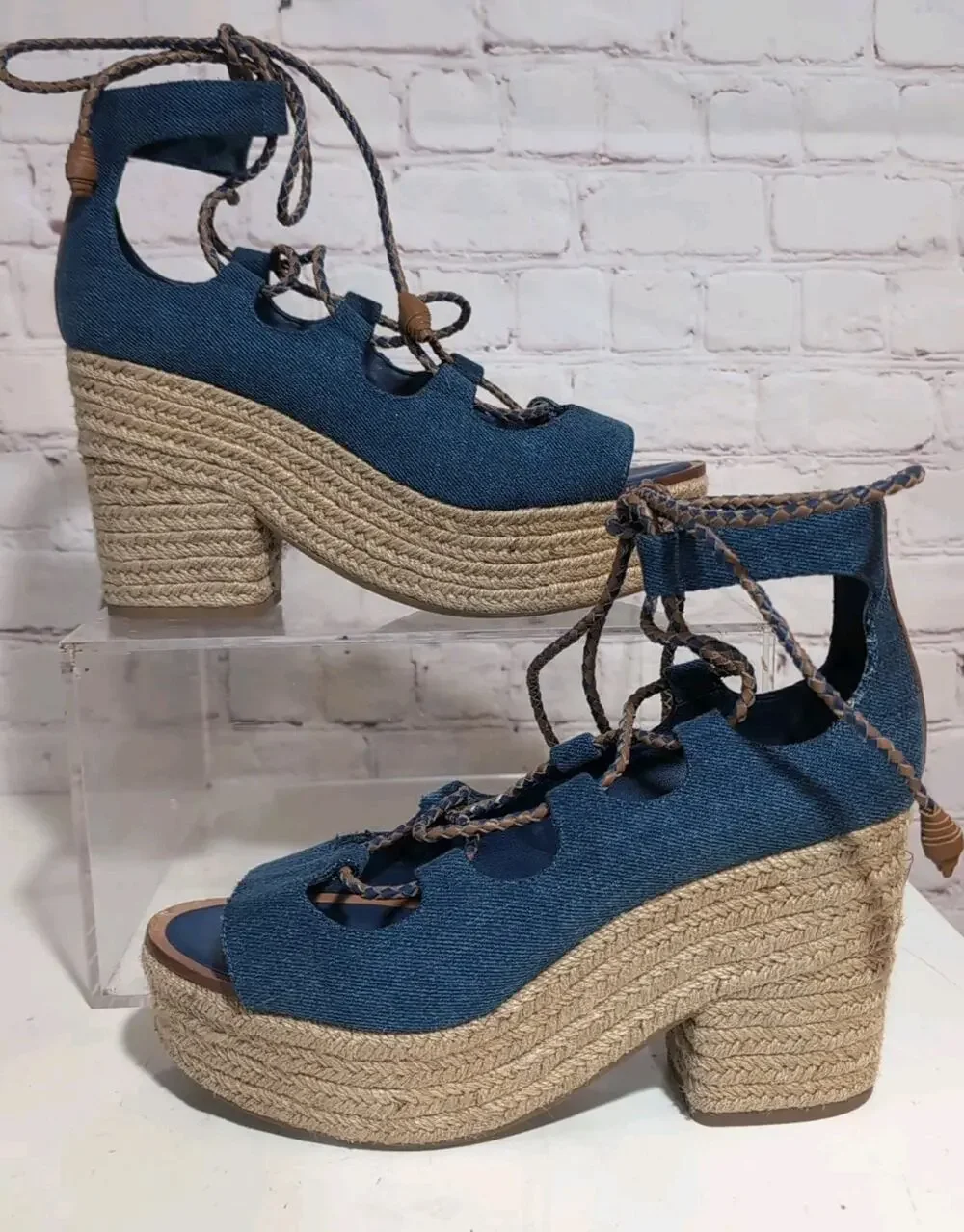 Tory Burch 8.5 Positano Platform Espadrille Heeled Lace Up Denim Blue